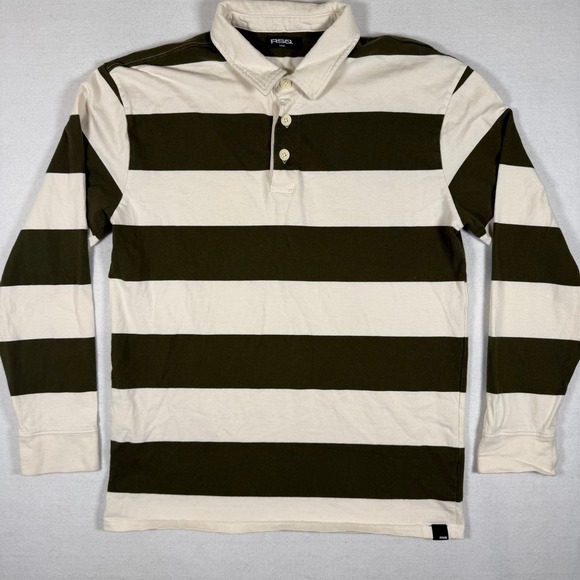 RSQ Other - RSQ Mens Long Sleeve Rugby Shirt Olive Green Cream Striped Cotton Polo Large